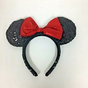 Minnie Mouse Sequin Headband Ears Bow Disney Walt Disney World Park Black Red
